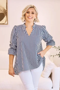 Fashion Carolina Alessandra Short Sleeve Striped Top Navy