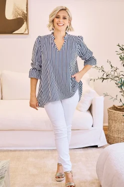 Fashion Carolina Alessandra Short Sleeve Striped Top Navy