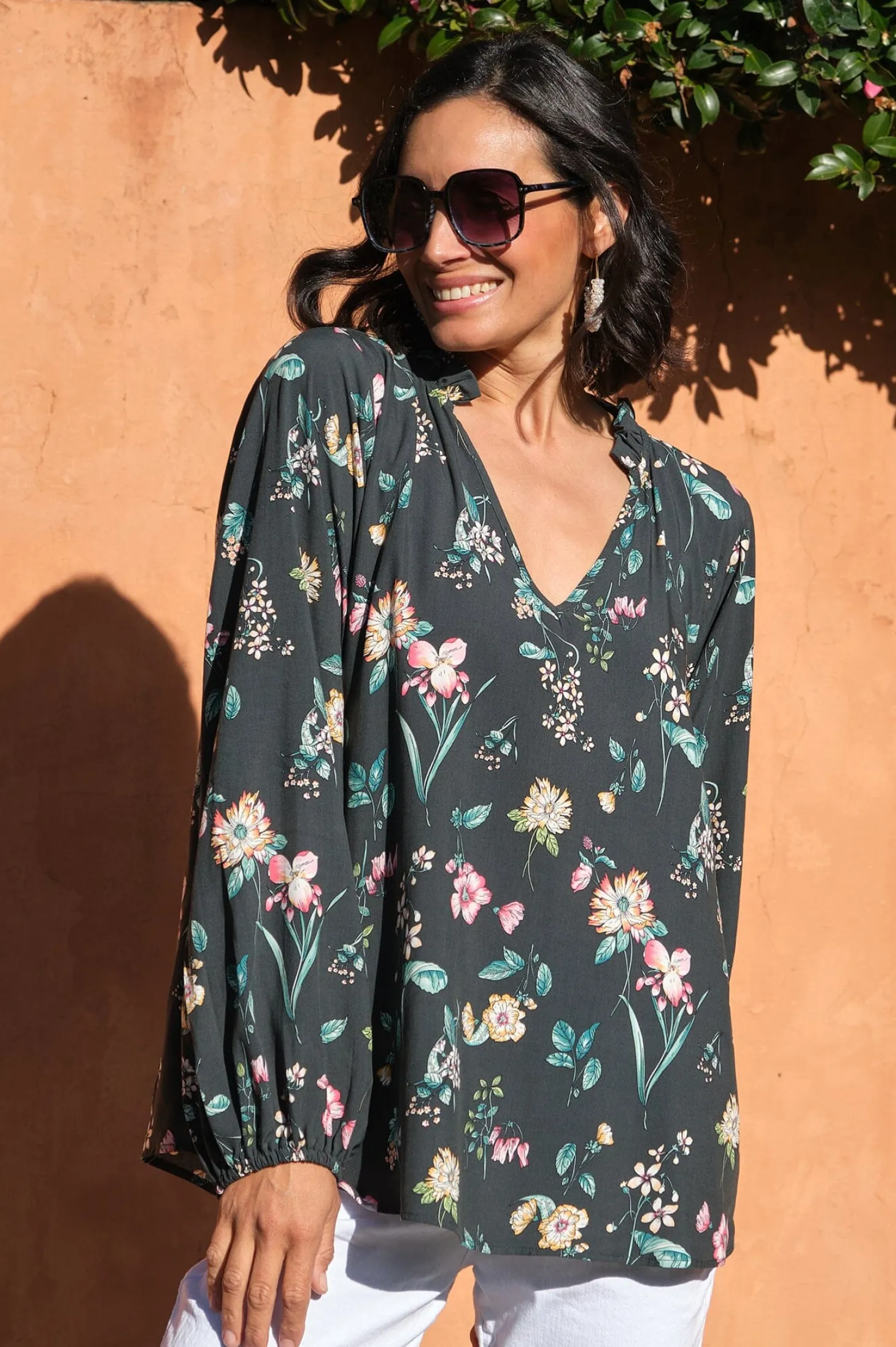Discount Carolina Arabella Floral Long Sleeve Top Forest Green