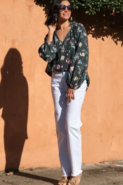 Discount Carolina Arabella Floral Long Sleeve Top Forest Green