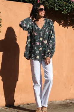Discount Carolina Arabella Floral Long Sleeve Top Forest Green