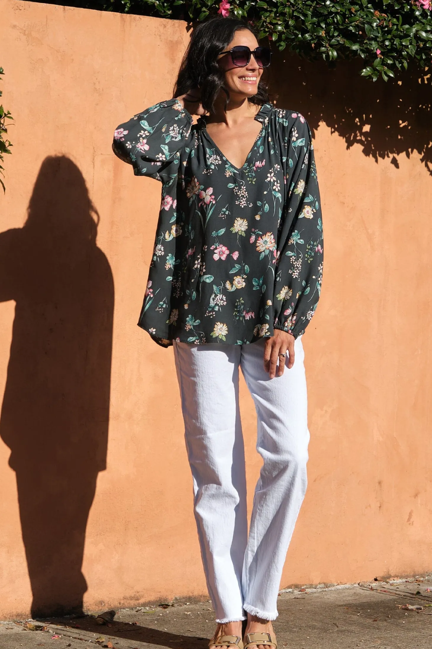 Discount Carolina Arabella Floral Long Sleeve Top Forest Green