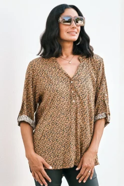 Discount Carolina Audrina Mid Sleeve Top Floral Burnt Orange