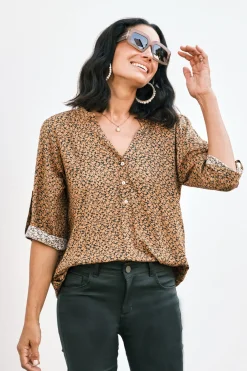 Discount Carolina Audrina Mid Sleeve Top Floral Burnt Orange