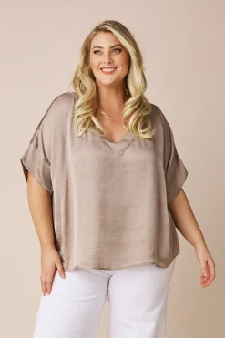 Sale Carolina Bianca Short Sleeve Top Almond with V Neck