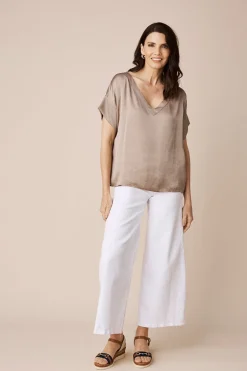 Sale Carolina Bianca Short Sleeve Top Almond with V Neck