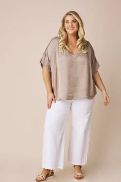 Sale Carolina Bianca Short Sleeve Top Almond with V Neck