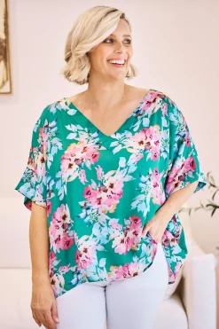 Sale Carolina Bianca Short Sleeve Top Bella Print with V Neck Emerald