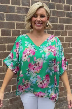 Sale Carolina Bianca Short Sleeve Top Bella Print with V Neck Emerald