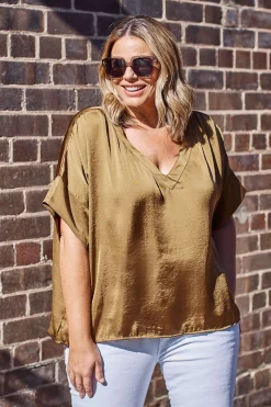 Cheap Carolina Bianca Short Sleeve Top Khaki with V Neck