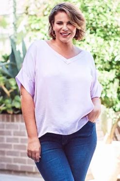 Hot Carolina Bianca Short Sleeve Top Lilac with V Neck