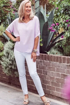Hot Carolina Bianca Short Sleeve Top Lilac with V Neck