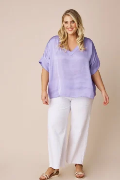 Fashion Carolina Bianca Short Sleeve Top Lavender with V Neck