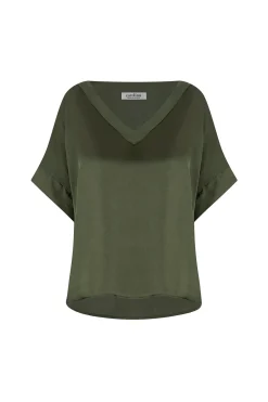 Outlet Carolina Bianca Short Sleeve Top Olive with V Neck