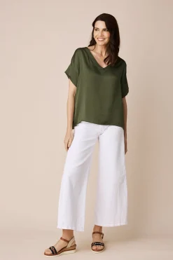 Outlet Carolina Bianca Short Sleeve Top Olive with V Neck