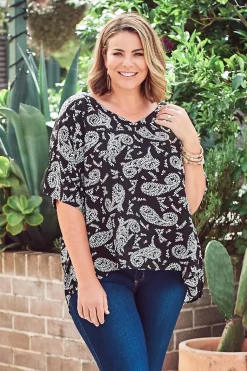 Clearance Carolina Bianca Short Sleeve Top Paisley Print Black With V Neck