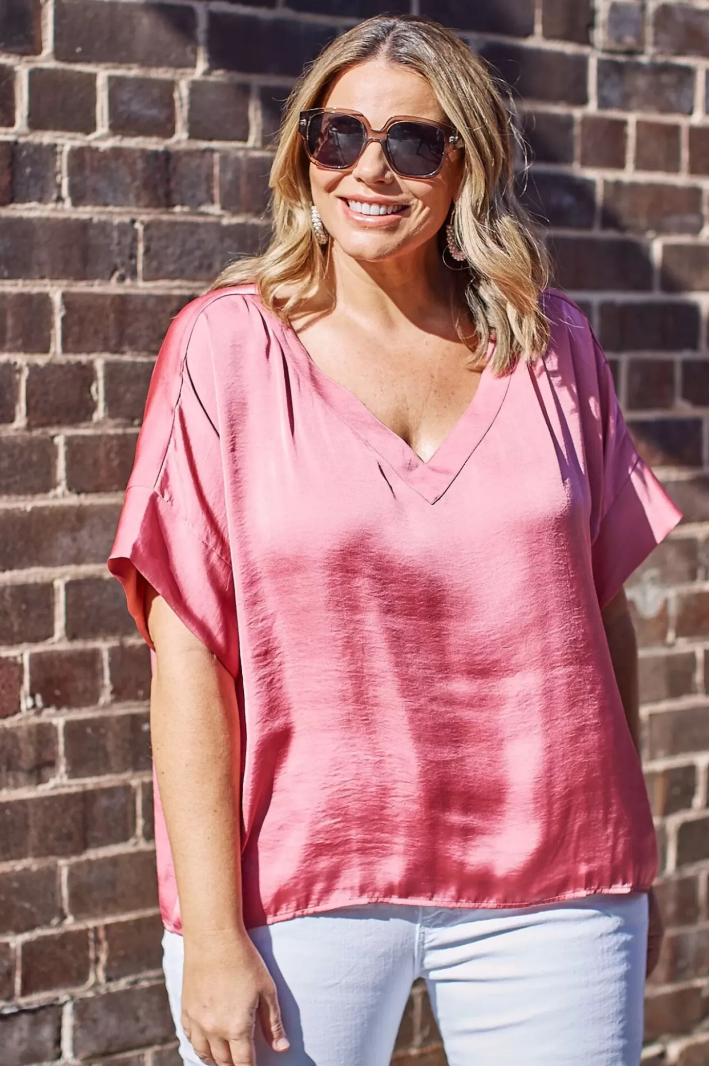 Outlet Carolina Bianca Short Sleeve Top Pink with V Neck