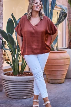 Best Carolina Bianca Short Sleeve Top Rust with V Neck