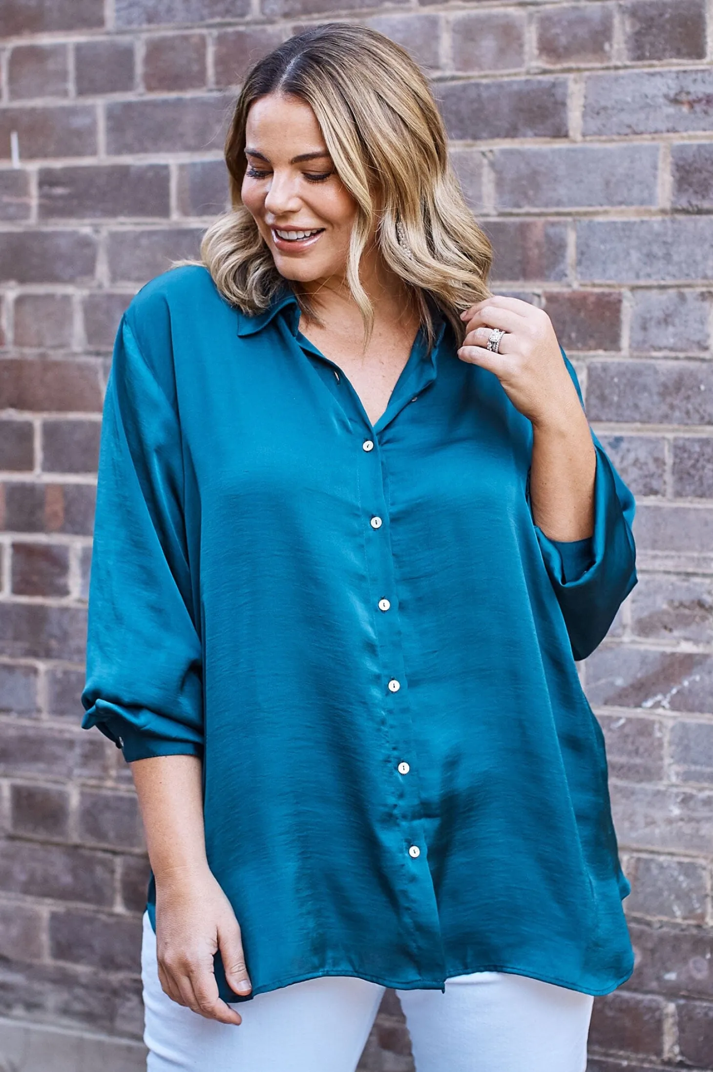 Outlet Carolina Briella Long Sleeve Collared Shirt Forest Green