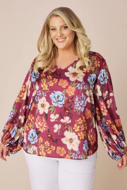Best Carolina Celina V-Neck Long Sleeve Top Burgundy
