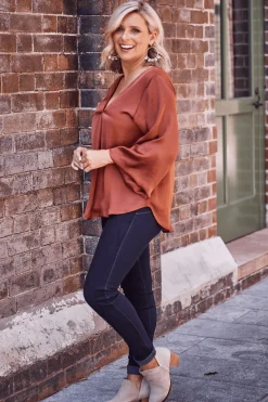 Cheap Carolina Charlotte V-Neck Long Sleeve Top Rust
