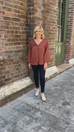 Cheap Carolina Charlotte V-Neck Long Sleeve Top Rust