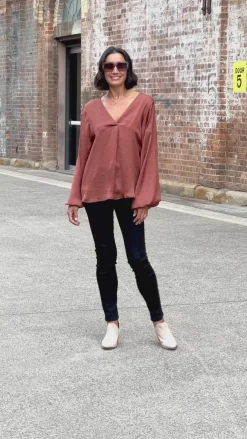 Cheap Carolina Charlotte V-Neck Long Sleeve Top Rust