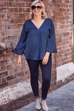 Cheap Carolina Charlotte V-Neck Long Sleeve Top Navy