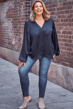 Cheap Carolina Charlotte V-Neck Long Sleeve Top Navy