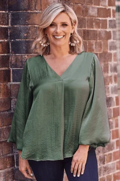Cheap Carolina Charlotte V-Neck Long Sleeve Top Olive