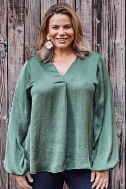 Cheap Carolina Charlotte V-Neck Long Sleeve Top Olive