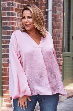 Store Carolina Charlotte V-Neck Long Sleeve Top Rose Pink