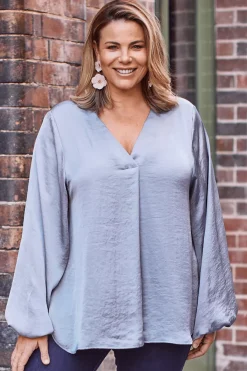 Fashion Carolina Charlotte V-Neck Long Sleeve Top Grey