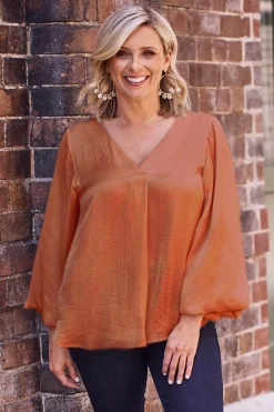 Discount Carolina Charlotte V-Neck Long Sleeve Top Terracotta
