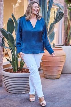 Online Carolina Daniella V-Neck Long Sleeve Top Navy