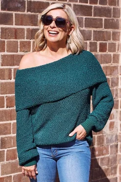 New Carolina Eira Off Shoulder Knit Forest Green