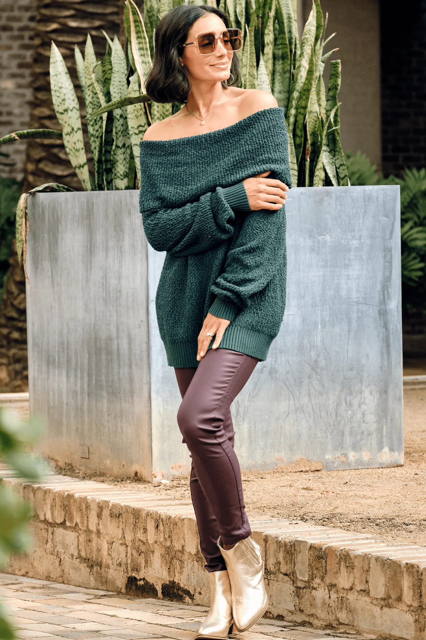 New Carolina Eira Off Shoulder Knit Forest Green