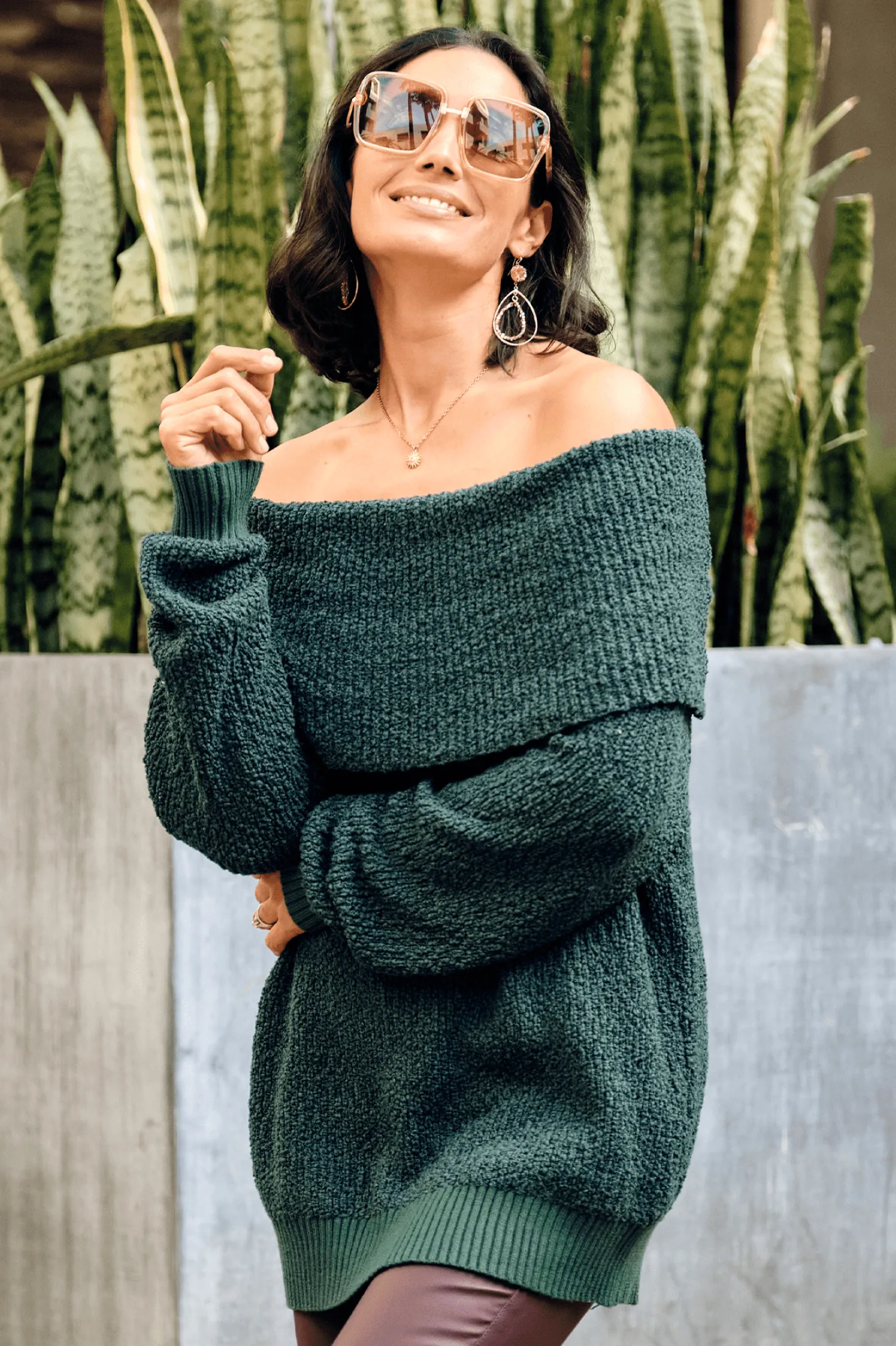 New Carolina Eira Off Shoulder Knit Forest Green