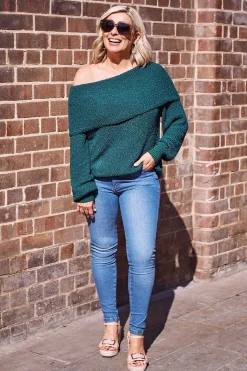 New Carolina Eira Off Shoulder Knit Forest Green