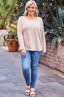 Discount Carolina Erica Essential Top Round Neck Striped Camel