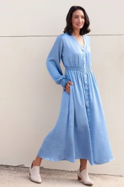 Online Carolina Georgina Long Sleeve Dress Blue Grey with Ruched Sleeve