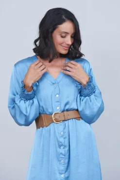 Online Carolina Georgina Long Sleeve Dress Blue Grey with Ruched Sleeve