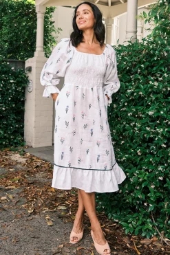 Hot Carolina Grace Pure Linen Embroidered Ruched Dress