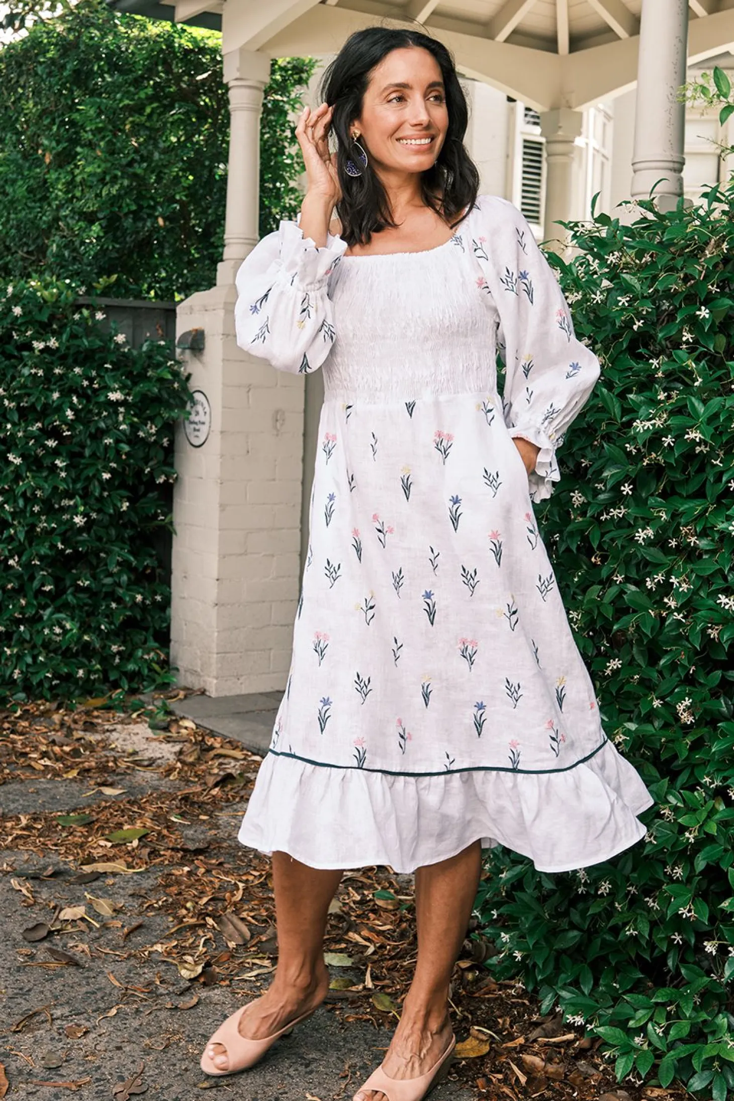 Hot Carolina Grace Pure Linen Embroidered Ruched Dress