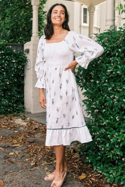 Hot Carolina Grace Pure Linen Embroidered Ruched Dress