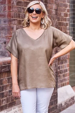 Clearance Carolina Jessica Pure Linen V-Neck Top Olive