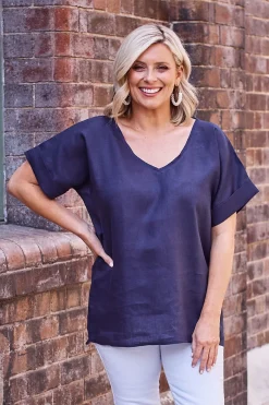 Best Carolina Jessica Pure Linen V-Neck Top Navy