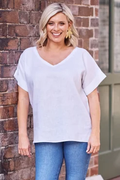 Sale Carolina Jessica Pure Linen V-Neck Top White