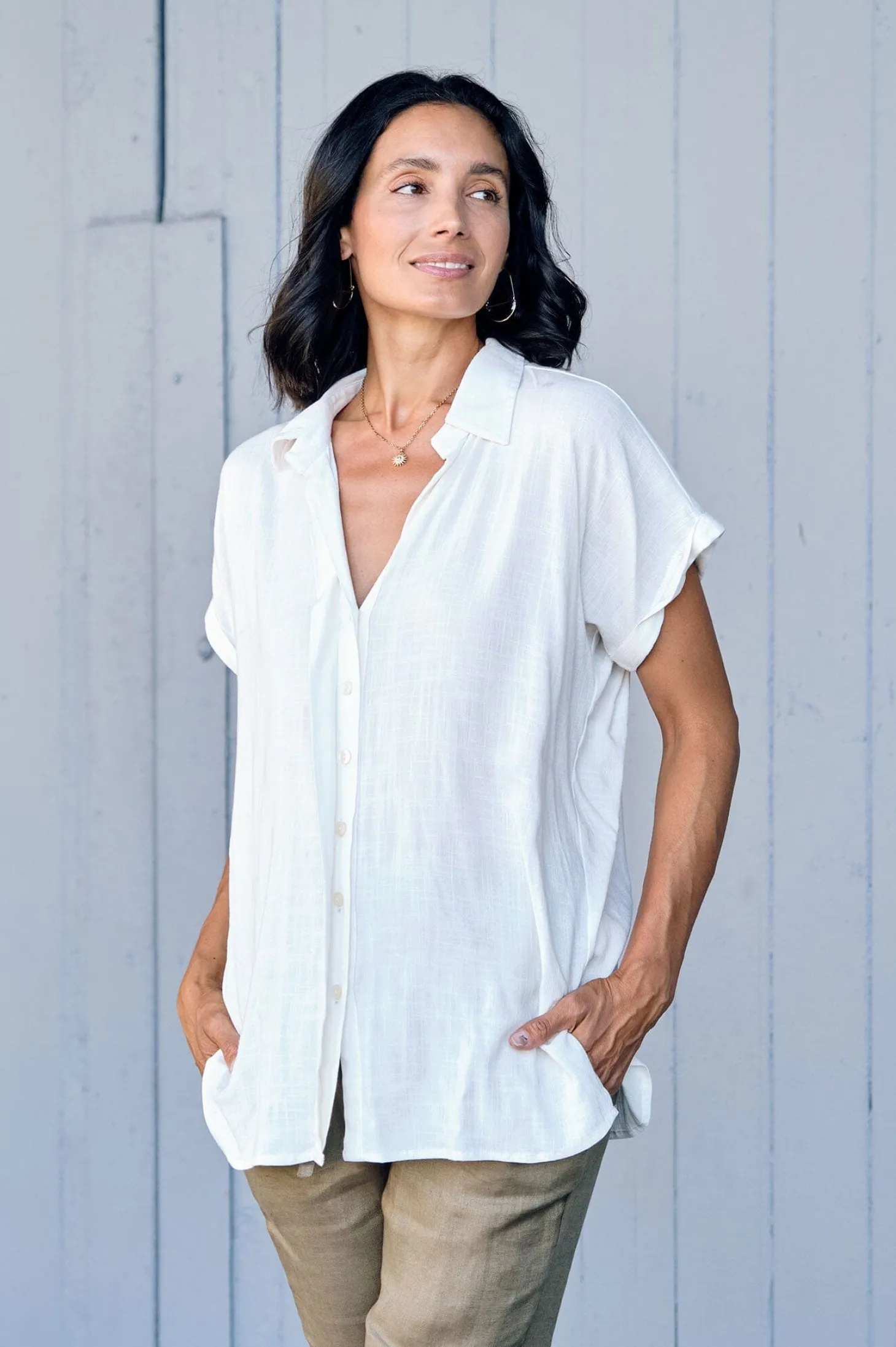 New Carolina Lindsey Short Sleeve Collared Top Cream