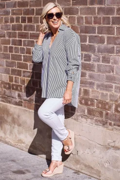 Best Carolina Lynette Collared Long Sleeve Shirt Striped Black